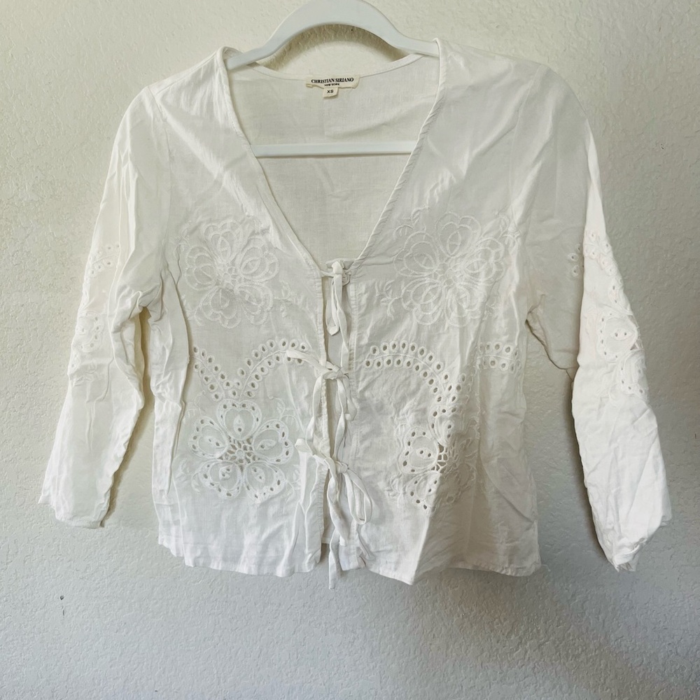 Christian Siriano White Eyelet Tie-Front Cotton Blouse